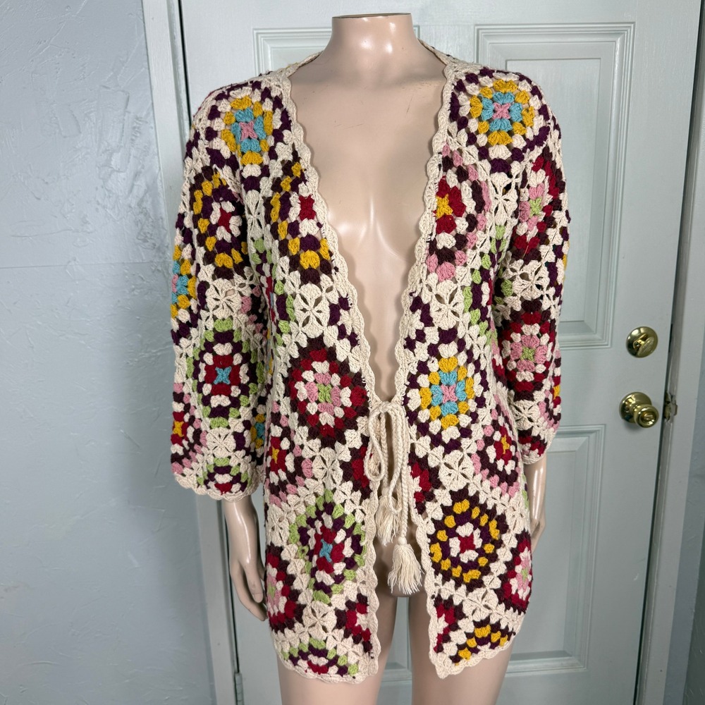 NEW Johnny Was Granny Square Cardigan Women's Sweater Medium Cotton Boho PP26